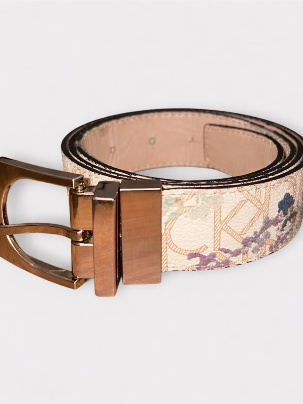 Calvin Klein Women’s Reversible Floral Monogram Belt with Silver Buckle